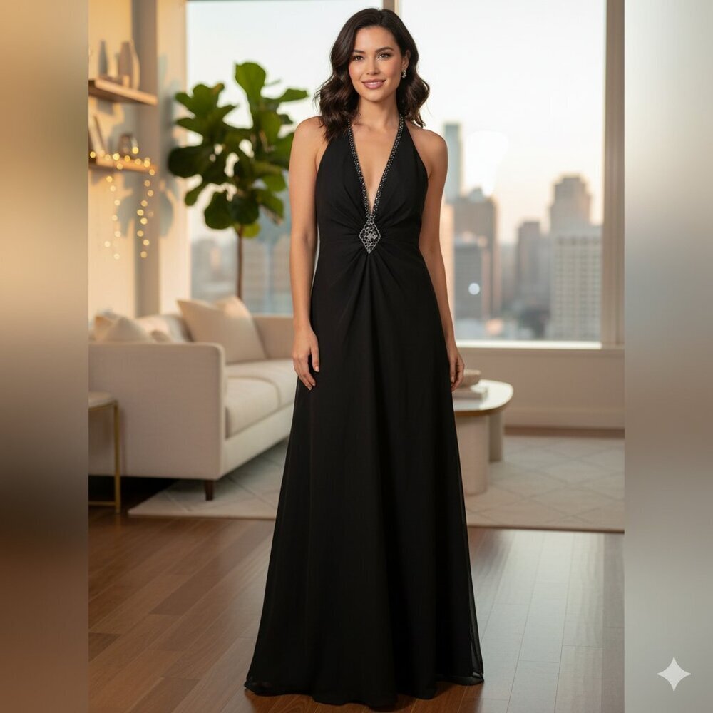 Eden Maids Bridesmaid Collection Black Halter Gown with crystals Size 6 NEW